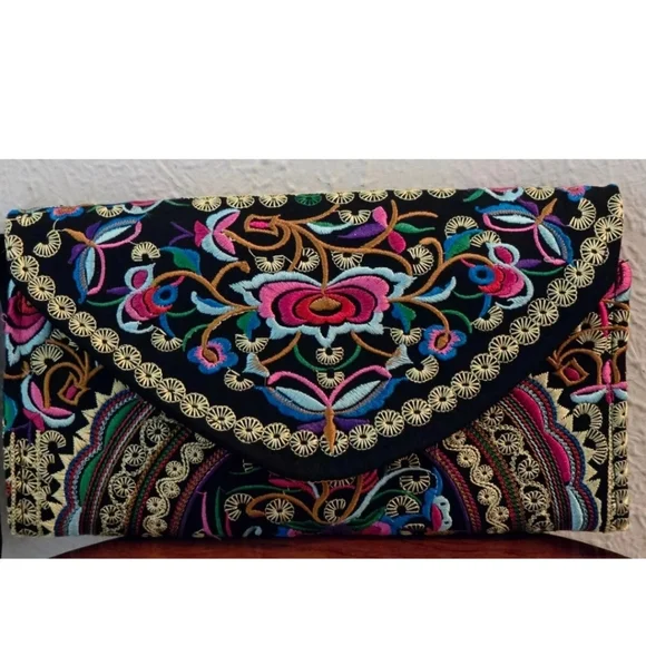 Embroidered Floral Print Zipper Money Coin Wallet Purse Multicolor Artsy - Picture 2 of 10